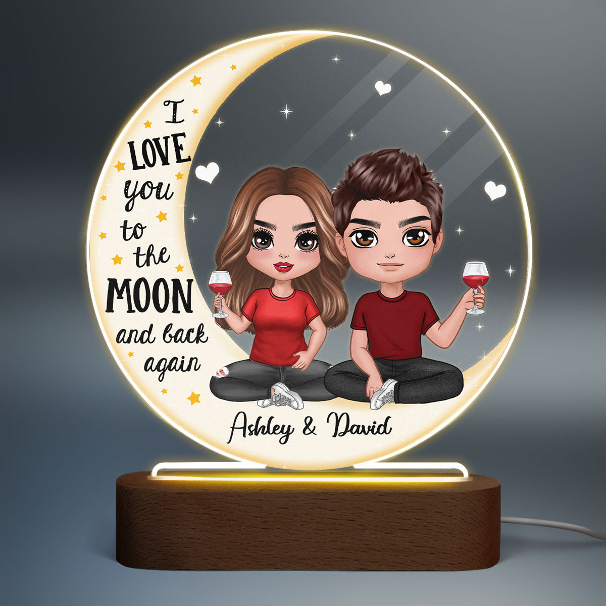 Love You To The Moon Doll Couple On Moon Personalized Circle Acrylic Plaque With LED Night Light - Valentine‘s Day Gift - Anniversary Gift For Her - Gift For Him