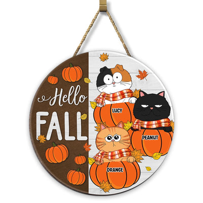 Funny Cats Hello Fall Personalized Wood Sign, Door Hanger, Outside Decor