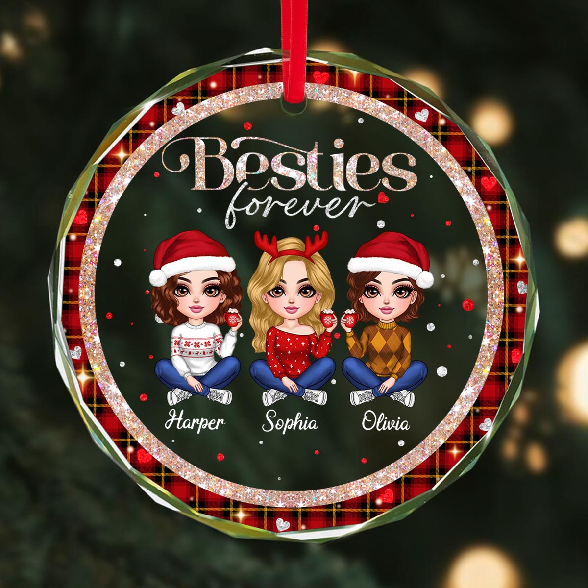Sparkling Checkered Pattern Lovely Besties Personalized Glass Ornament