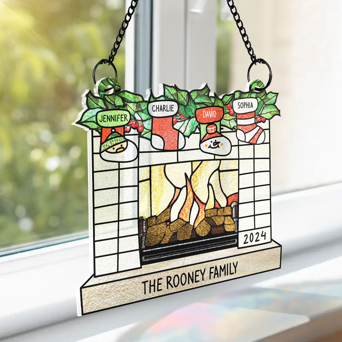 Family Christmas Stockings on Fireplace Personalized Suncatcher, Christmas Stained Glass Decor