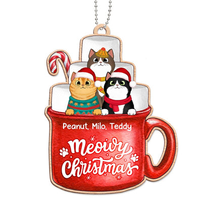 Christmas Fluffy Cats In Hot Cocoa Marshmallow Cup Personalized Wooden Ornament