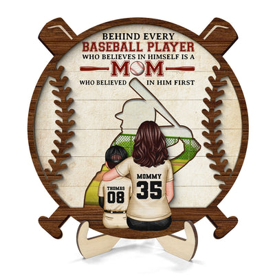 Baseball Mom Behind Every Baseball Player Personalized 2-Layer Wooden Plaque, Gift for Mom