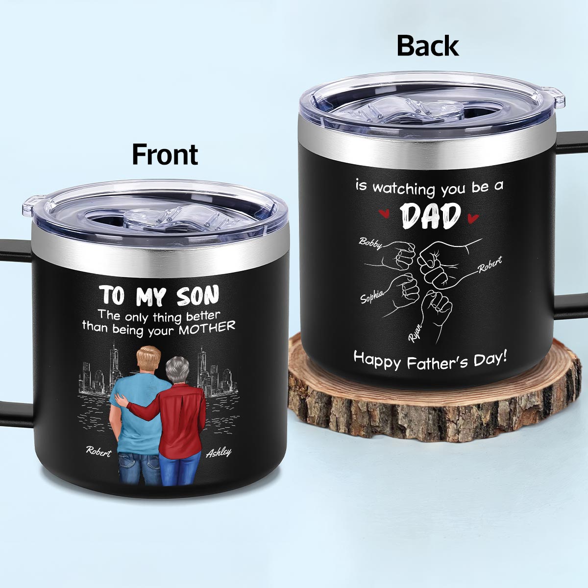 From Mom Dad To Son Watching You Be A Dad Personalized Stainless Steel Tumbler With Handle, Gift For Son