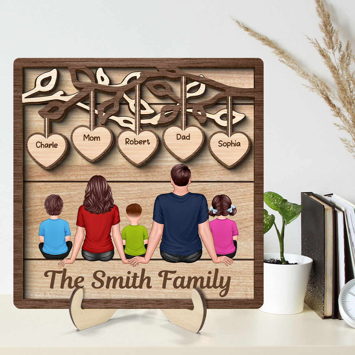 Family Dad Mom Kids Dogs Cats Under Tree Personalized 2-Layer Wooden Plaque
