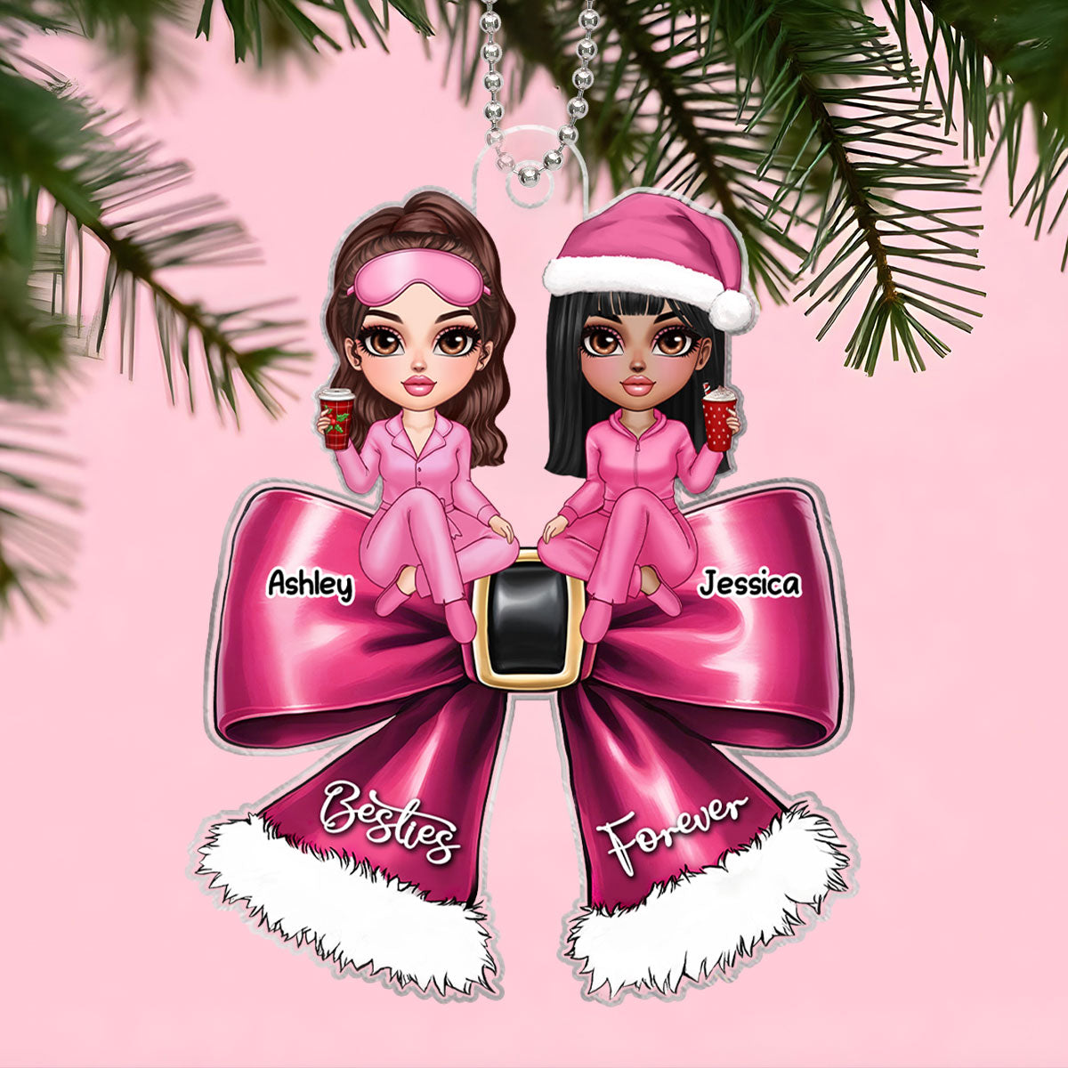 Christmas Coquette Bow Best Friends Personalized Acrylic Ornament, Christmas Gift For Besties