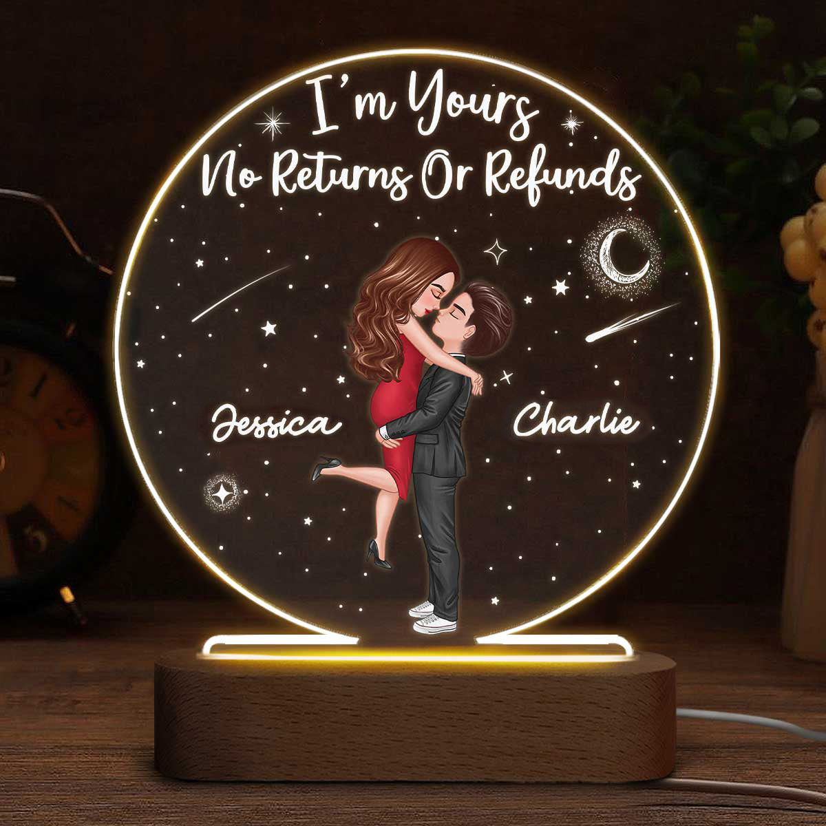 Doll Couple Hugging Kissing Personalized Circle Acrylic Plaque With LED Night Light - Anniversary Gift For Her - Gift For Him