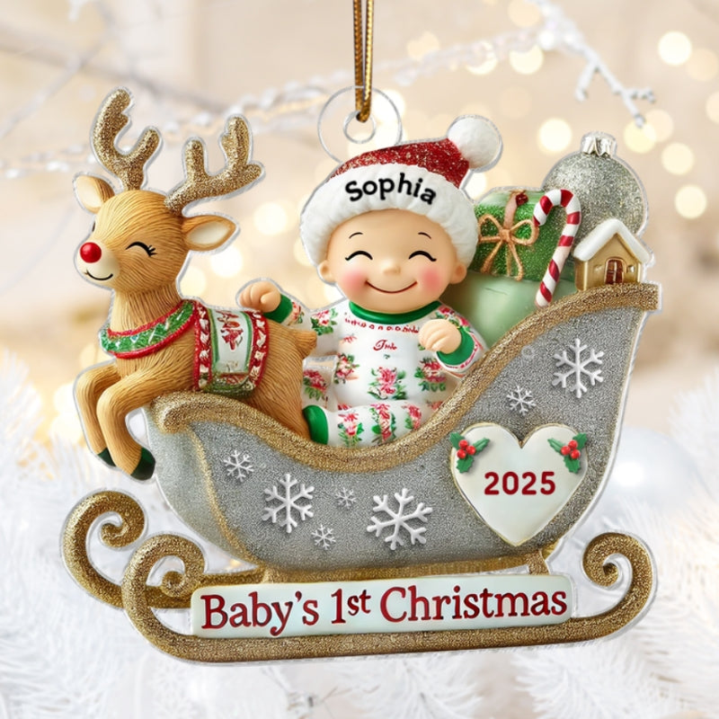 Baby First Christmas Newborn On Sleigh Keepsake - Personalized Acrylic Ornament