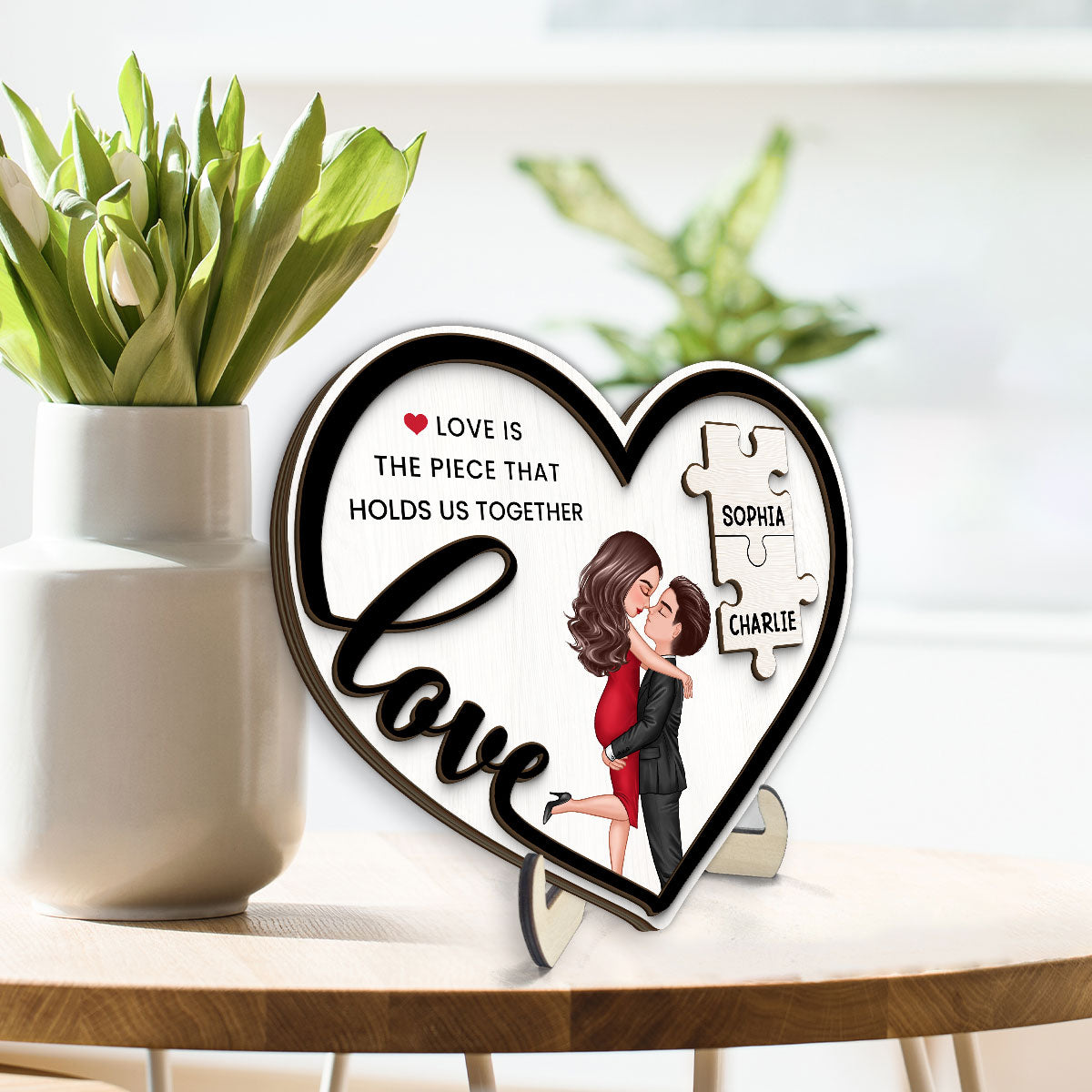 Love Piece Holds Us Together Couple Kissing Personalized 2-layer Wooden Plaque, Valentine‘s Day Gift For Him, For Her