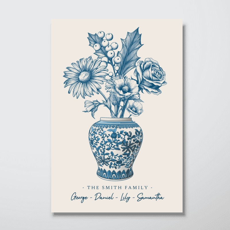 Family Birth Flower Blue Chinoiserie Vase Personalized Poster, Home Decor, Housewarming Gift
