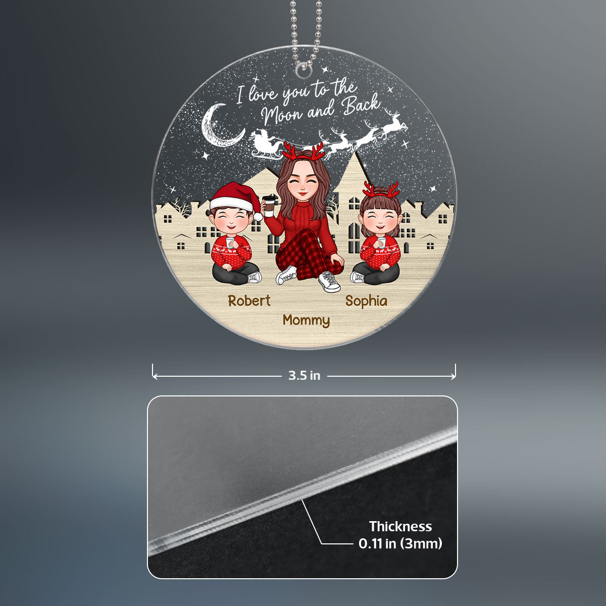 Love To The Moon Grandma Grandkids Sitting In The Snow Night Personalized Acrylic Keychain