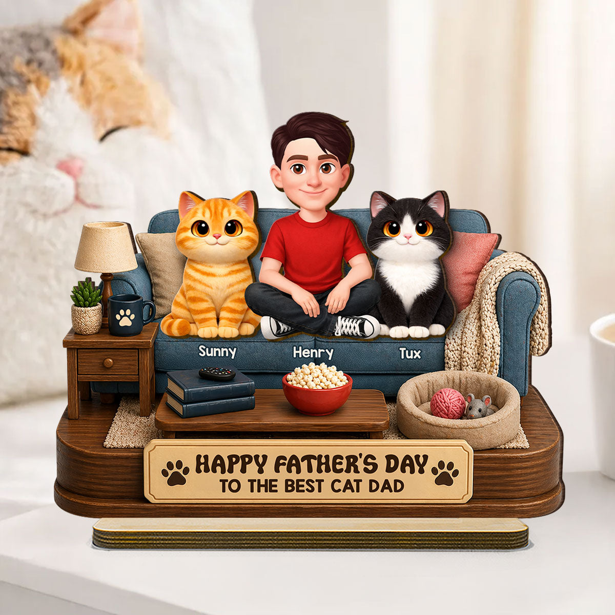 Happy Father's Day Best Cat Dad - Personalized 2-Layered Wooden Plaque - Father's Day Gift For Cat Dad, Cat Lovers