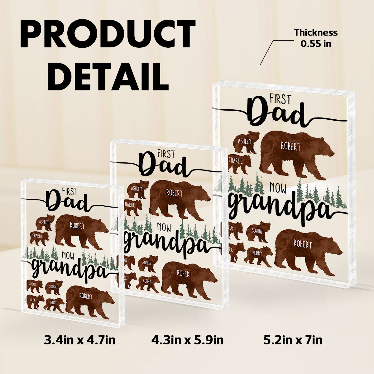 First Dad Now Grandpa Bear Personalized Acrylic Block, Father's Day gift for Dad, for Grandpa