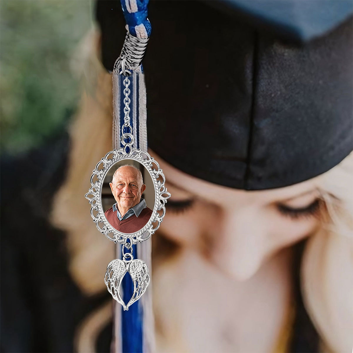 Personalized Graduation Tassel Photo Charm With Angel Wings, Graduation Gift