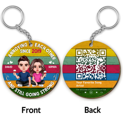 Annoying Each Other Since Retro Realistic Couple Favorite Song Scannable QR Code Personalized Wooden Keychain