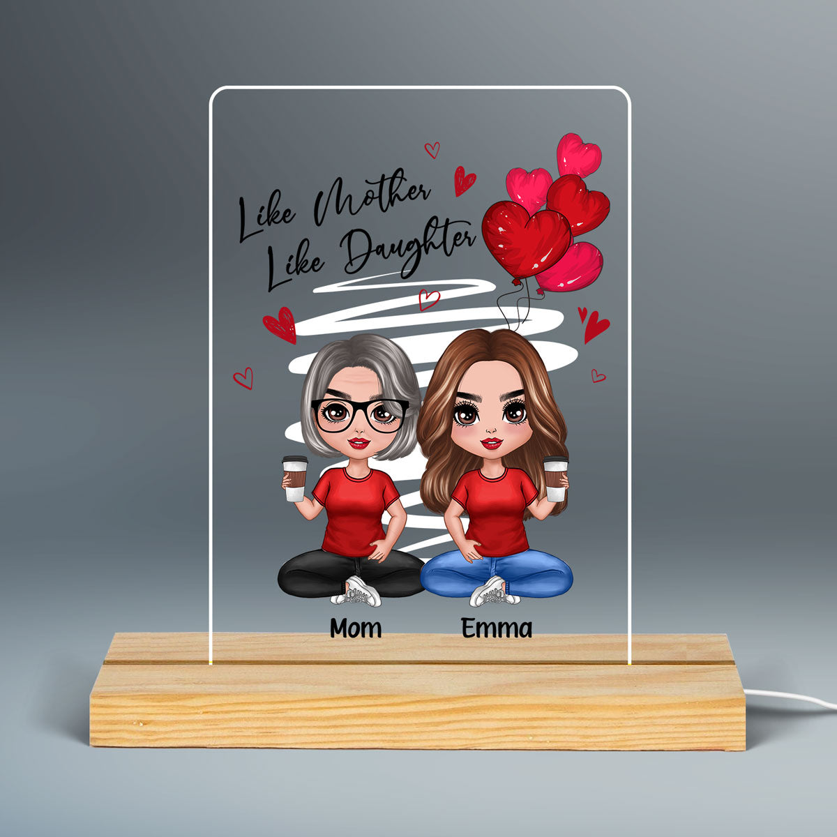 Red Hearts Like Mother Like Daughters Doll Mom And Daughters Sitting Gift For Mom Daughters Personalized 7 Colors Plaque LED Night Light