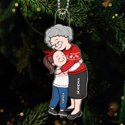 Simple Cartoon Grandma & Grandkid Hugging Christmas Gift For Granddaughter Grandson Personalized Acrylic Ornament