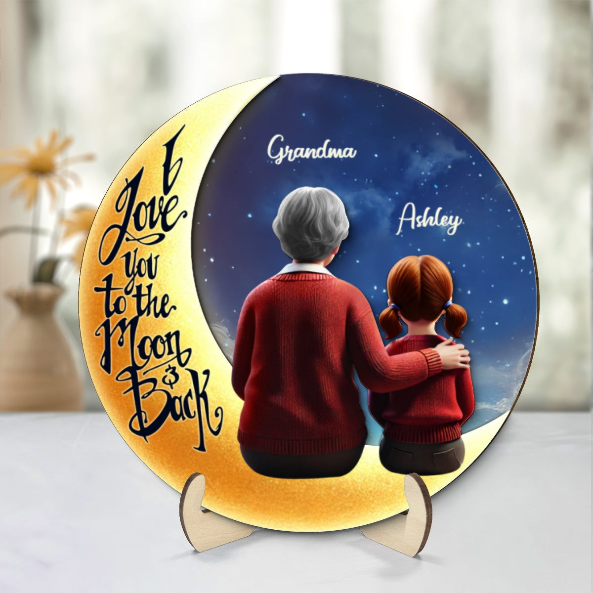 Starry Night Grandma & Granddaughter Sitting On Moon 3D Effect Personalized 2-Layered Wooden Plaque, Perfect 2025 Gift For Mom, For Grandma