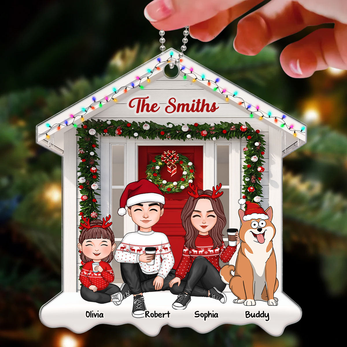 Cute Family Sitting Christmas Front Porch House Shaped Personalized Acrylic Ornament