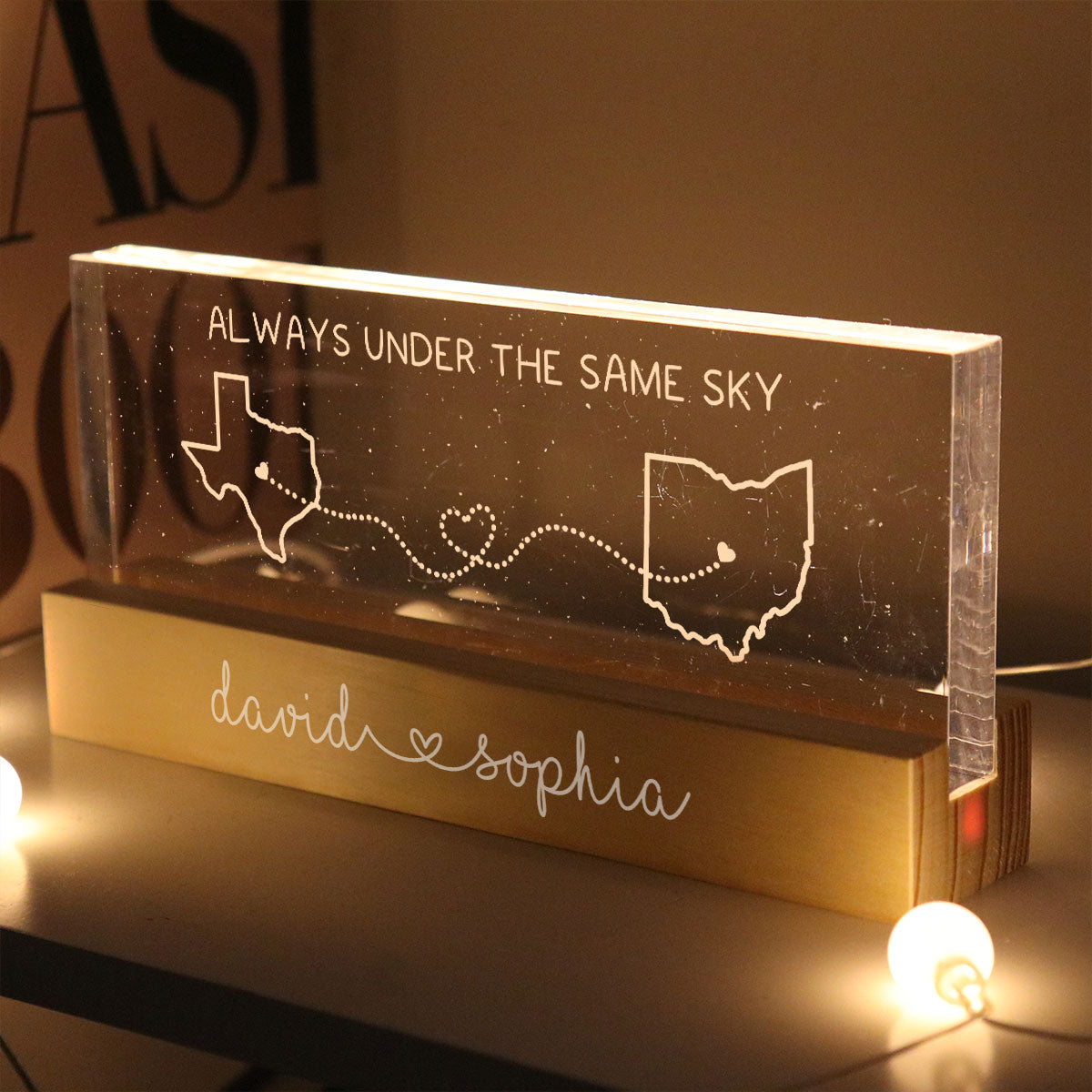 Long Distance Couple State Maps Personalized Acrylic Block LED Night Light, Gift For Him, For Her, Boyfriend, Girlfriend