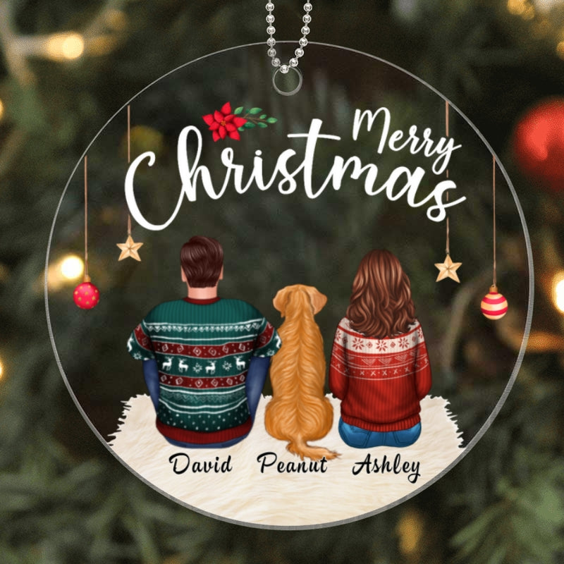 Couple Sitting With Dogs Christmas Personalized Acrylic Ornament