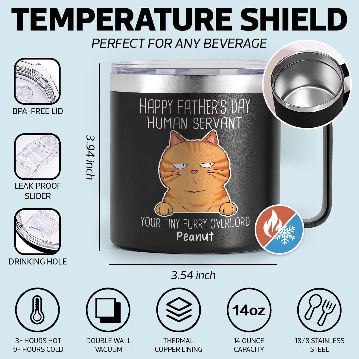 Happy Father's Mother's Day Human Servant Funny Cute Cats Personalized Stainless Steel Tumbler With Handle