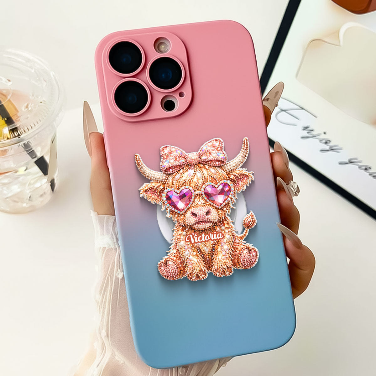 Faux Rhinestone Highland Cow - Personalized Acrylic Magnetic Phone Grip - Anniversary, Valentine's Day Gift, Gift For Her