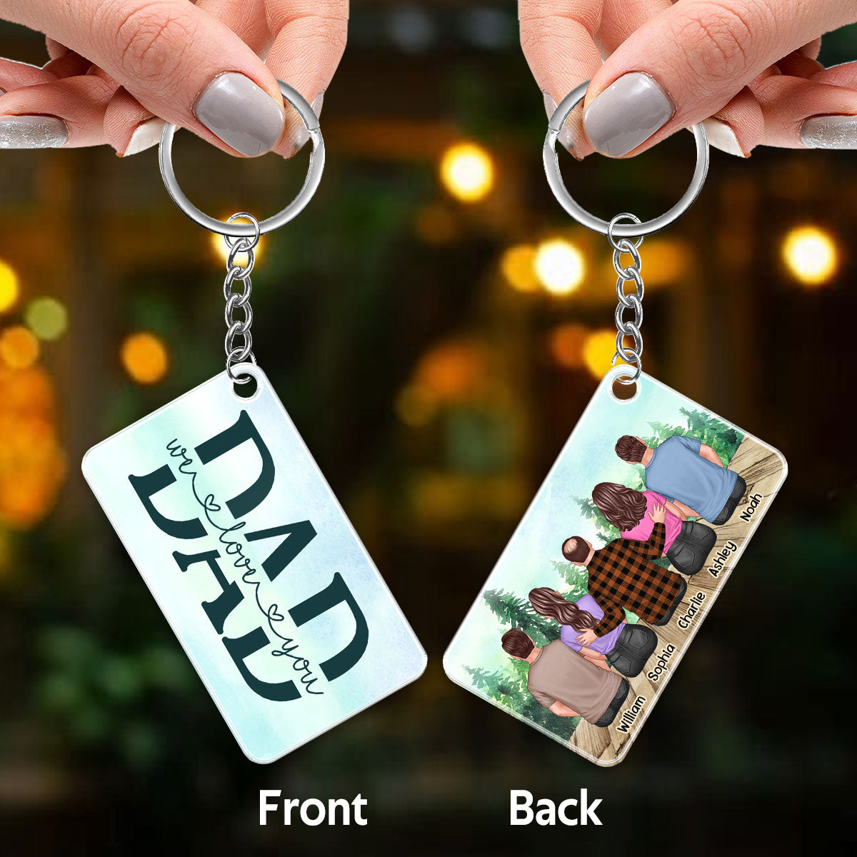 Back View Dad And Daughters Sons Sitting Forest Personalized Acrylic Keychain