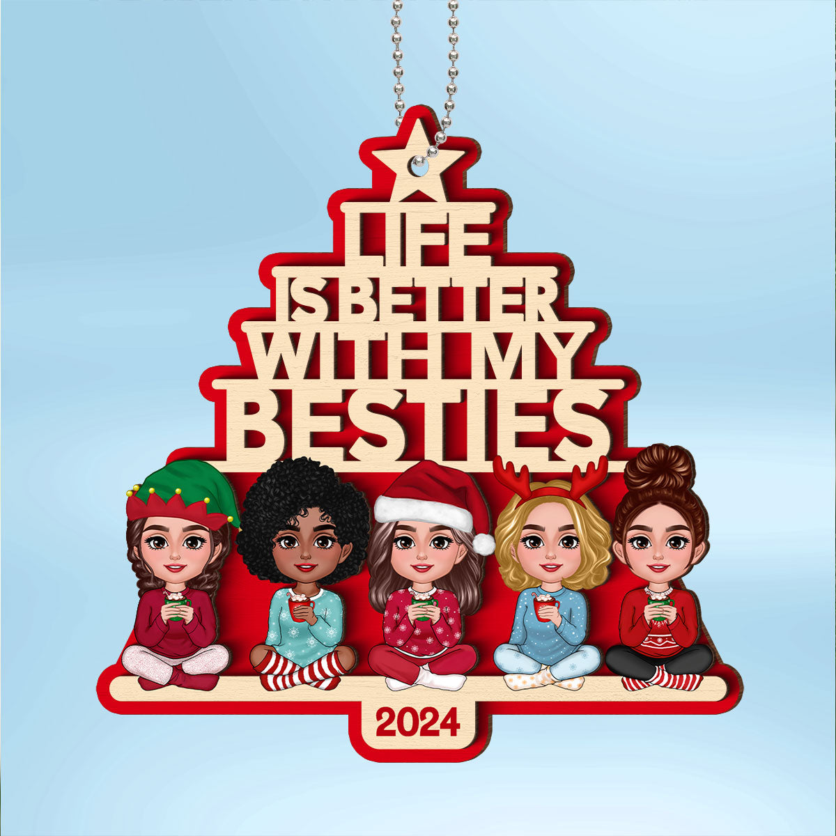 Besties Sitting Pink Christmas Tree Text Personalized 2-Layer Wooden Ornament