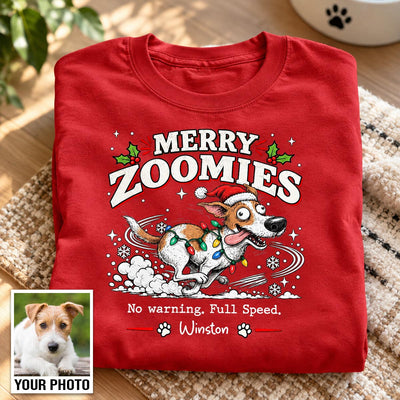 Merry Zoomies Quirky Dog Portrait From Your Custom Pet Photo - Personalized Shirt - Funny Festive Christmas Gift For Dog Lover