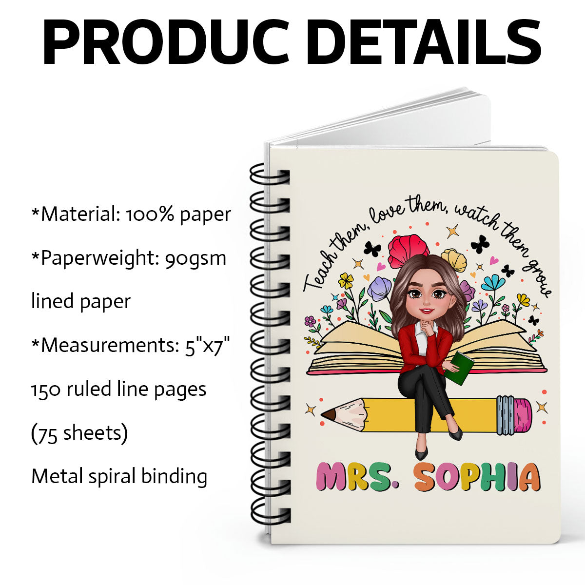Teacher Teach Love Watch Them Grow Wildflowers Personalized Spiral Notebook Journal, Back To School Stationery