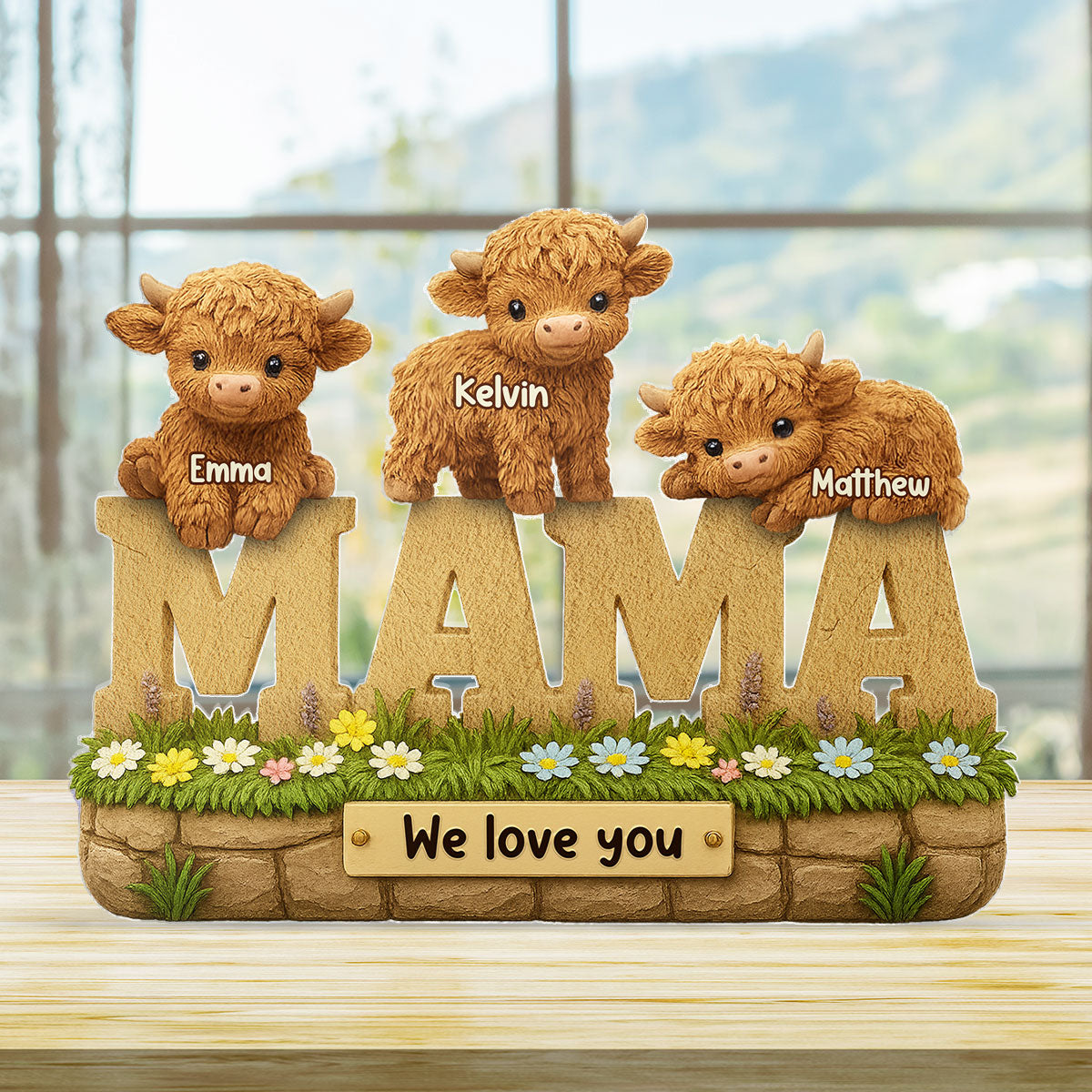 3D Effect Mama Cute Highland Cow Kids Names Personalized Flat Acrylic Block Plaque, Gift For Mom, Grandma