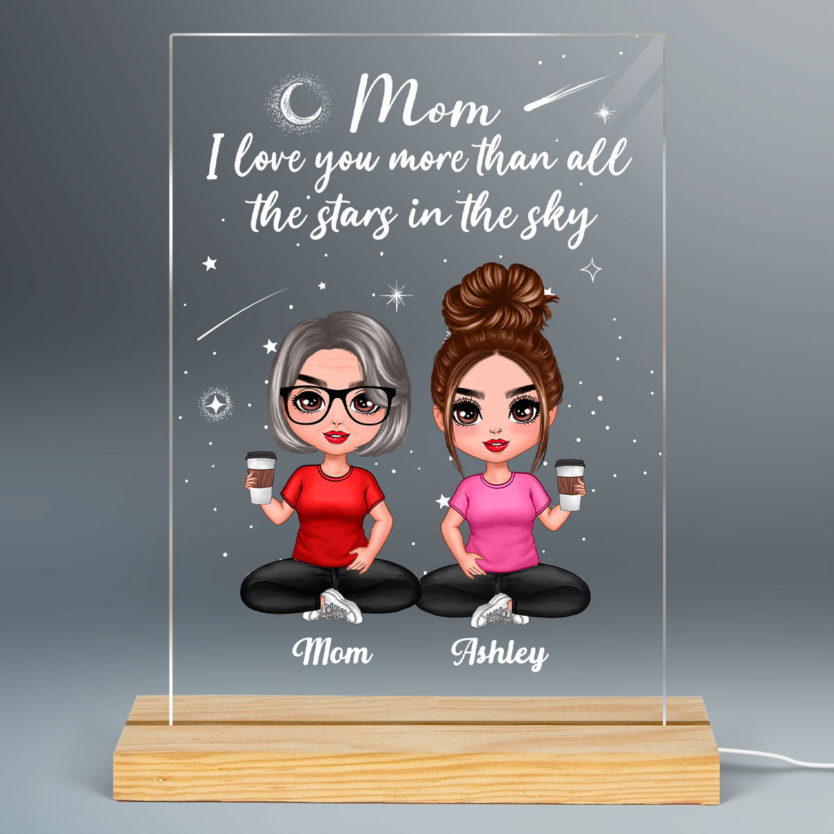 Love You More Than All The Stars Galaxy Doll Mother And Daughters Sons Personalized Rectangle Acrylic Plaque LED Night Light