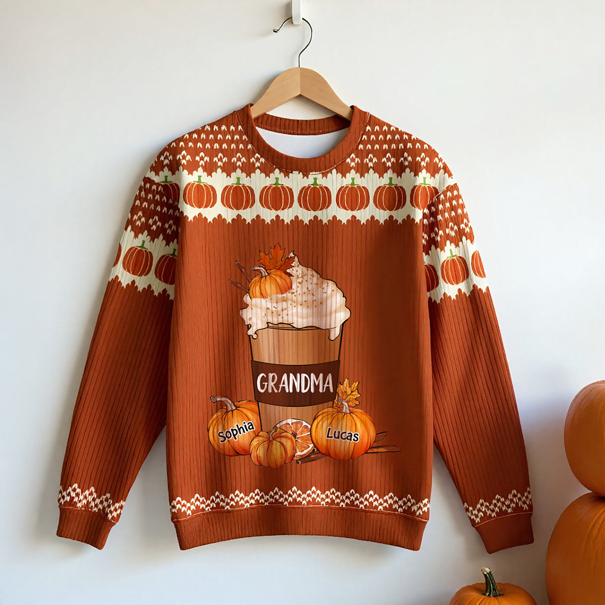 Cozy Fall Vibe Grandma Pumpkin Spice Latte Personalized Sweater
