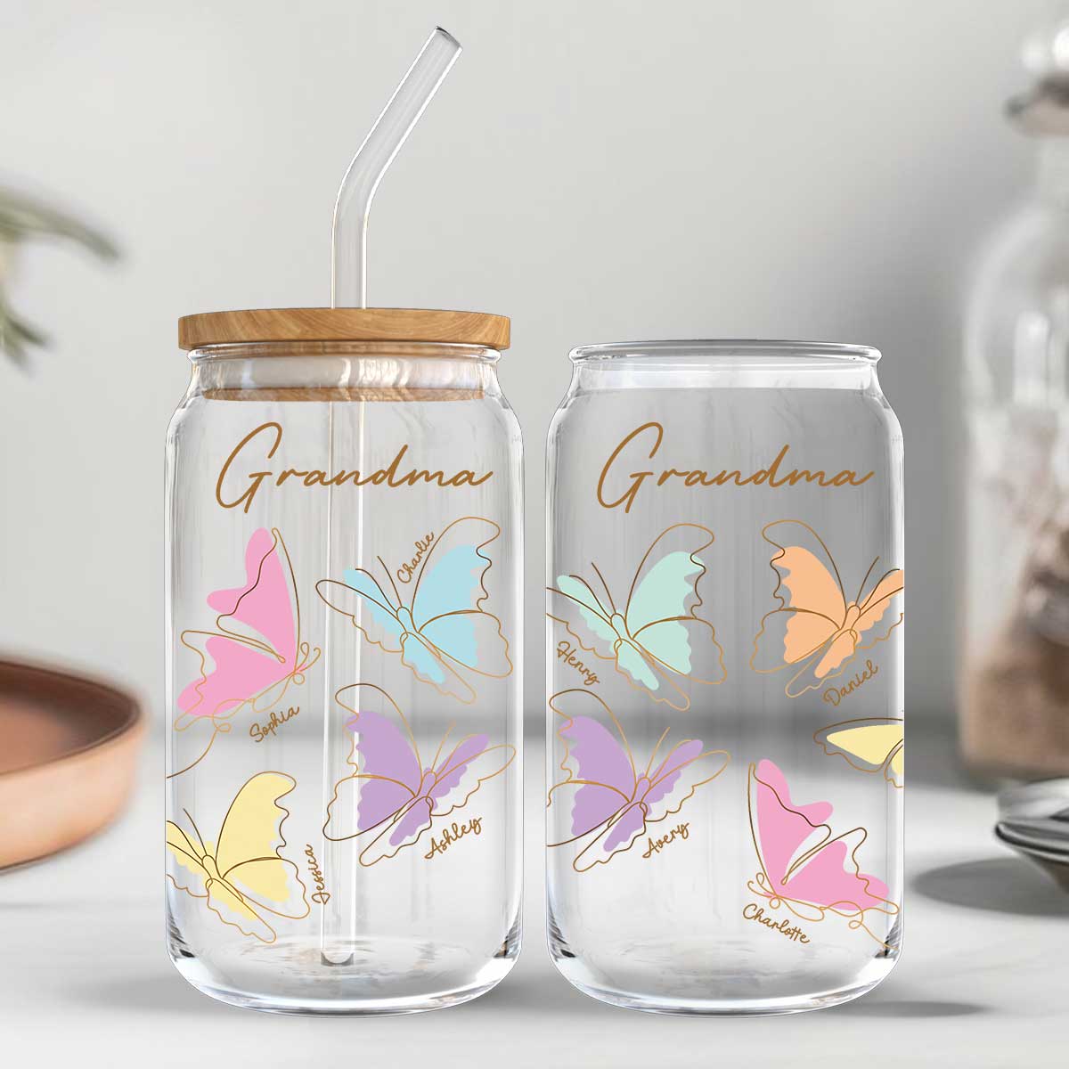 Grandma Mom Auntie Butterflies Kids Names Personalized Clear Glass Can
