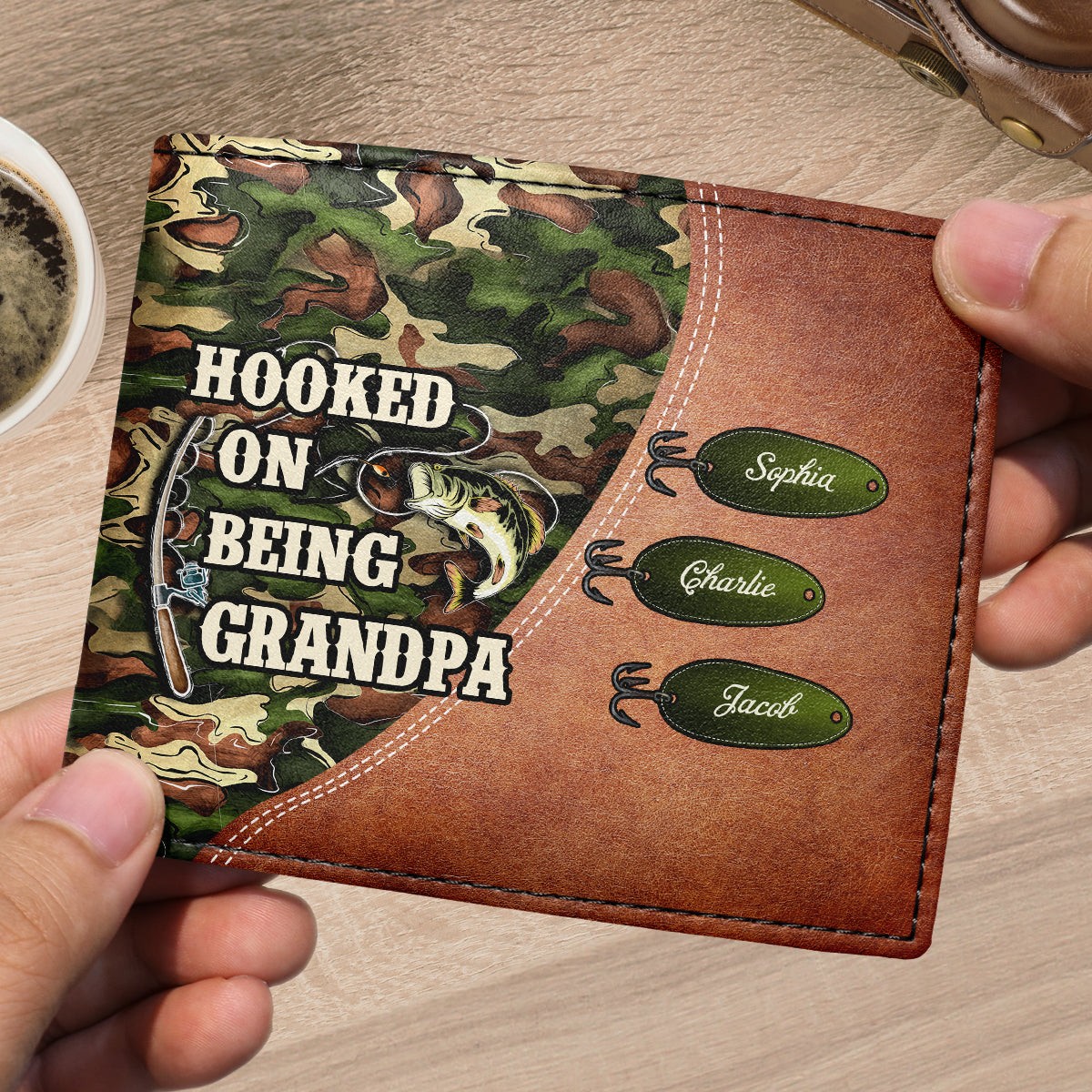 Hooked On Being Fishing Grandpa Camouflage Personalized Men’s Wallet
