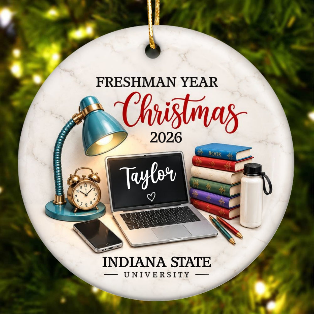 Freshman Year Christmas Study Desk – Personalized Ceramic Ornament – College Student Christmas Gift, First Year Keepsake