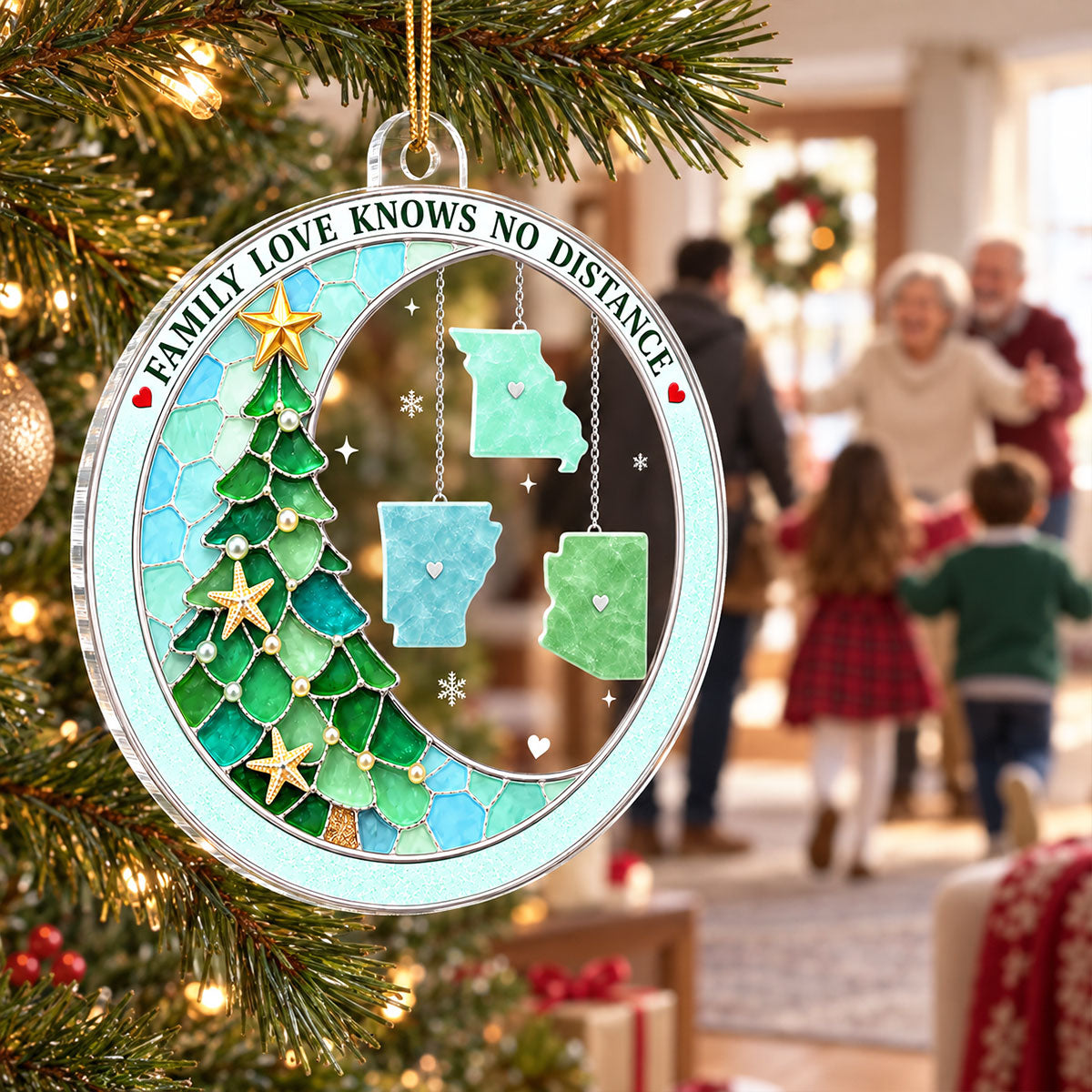 Family Love Knows No Distance State Hanging 2D Flat - Personalized Acrylic Ornament - Long Distance Gift