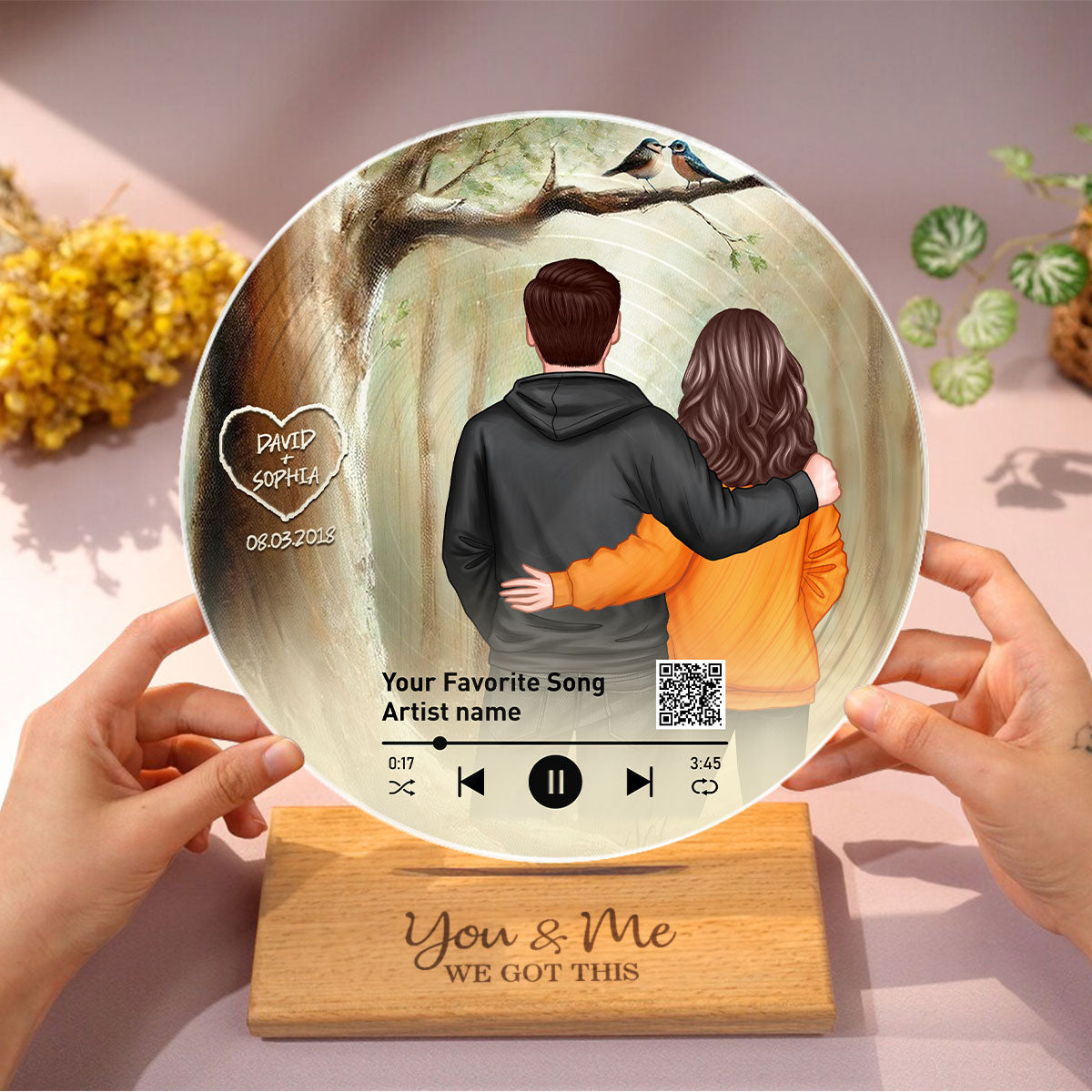 Couple Birds On Tree Personalized Vinyl Record, Scannable QR Code, Custom Names & Anniversary Date, Gift For Him, For Her