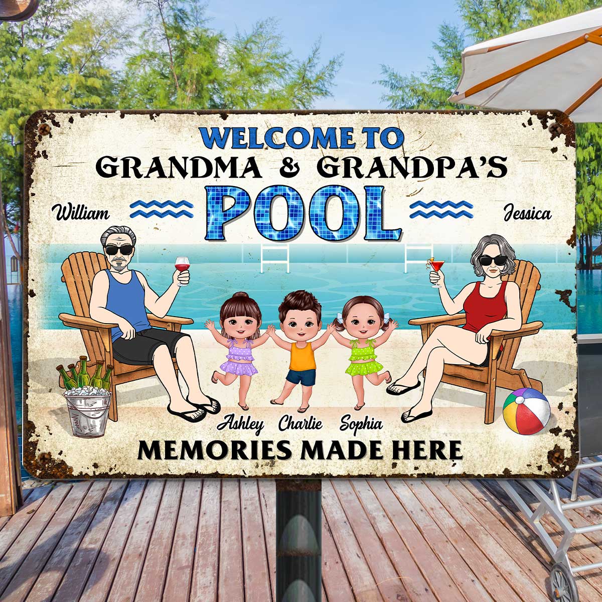 Welcome To Grandparents Pool Happy Doll Kids Summer Personalized Metal Sign