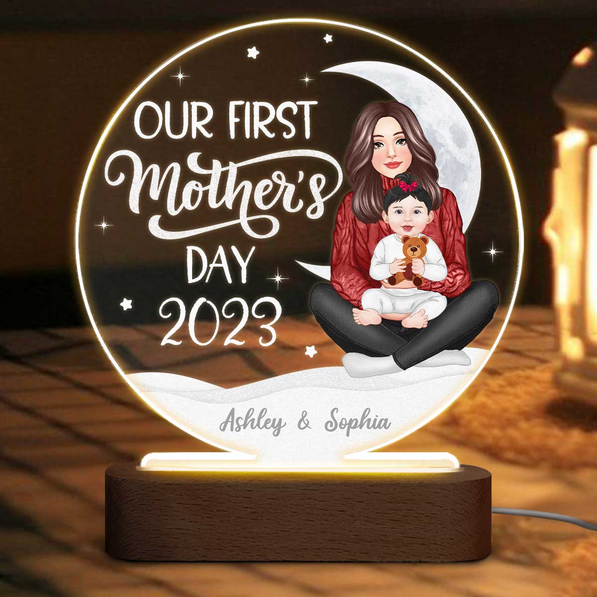 Our First Mother‘s Day Newborn Personalized Circle LED Night Light Acrylic LED Lamp