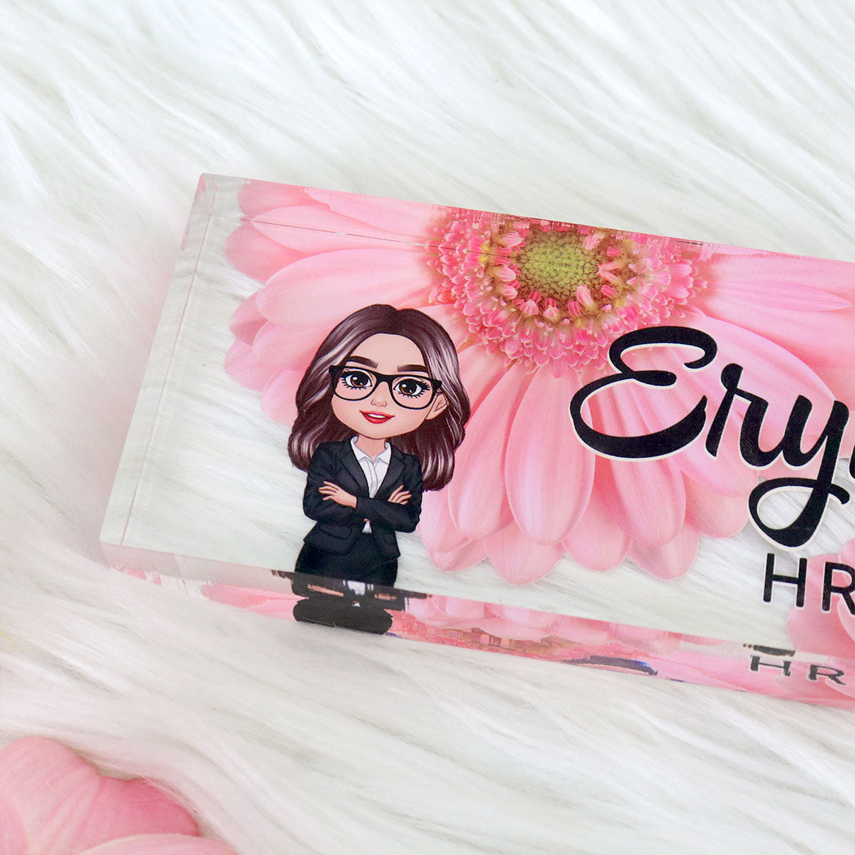 Daisy Flowers Woman Man Office - Personalized Acrylic Desk Name Plate - Gift For Colleagues, Coworkers, Boss