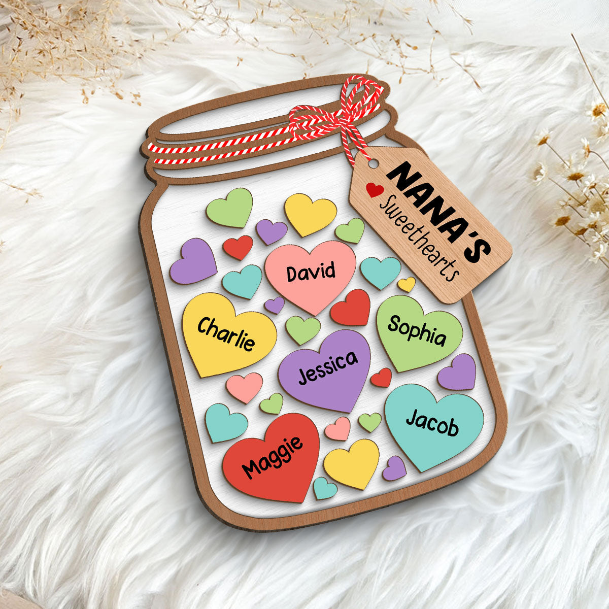 Grandma Mom Colorful Sweethearts Mason Jar Personalized 2-layer Wooden Plaque