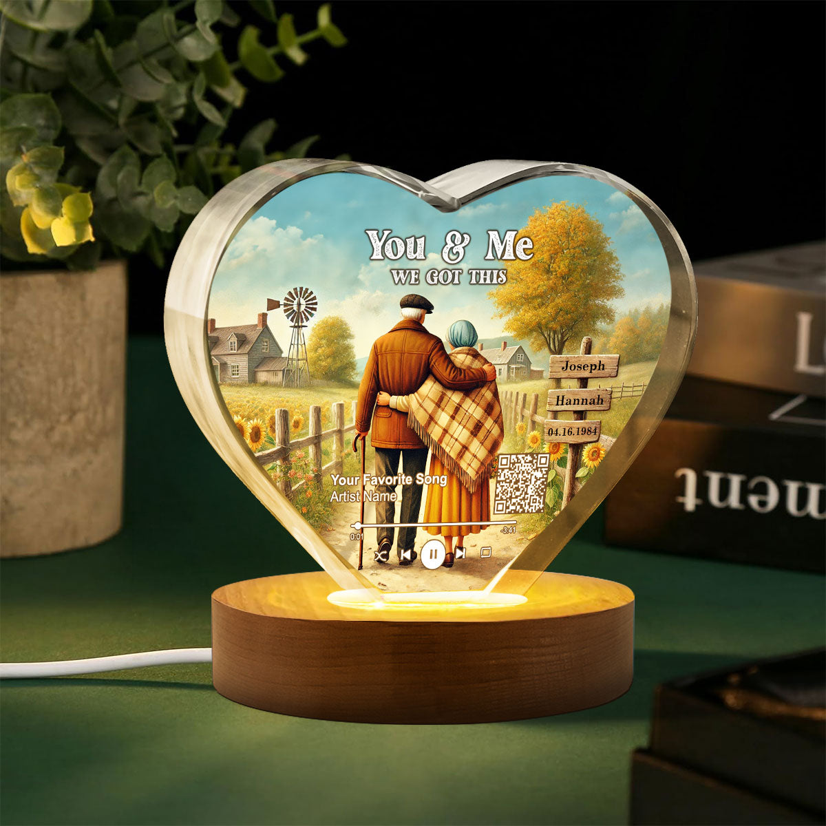Couple Growing Old Together Favorite Song Scannable QR Code Personalized Premium Crystal Heart LED, Free Shipping Included