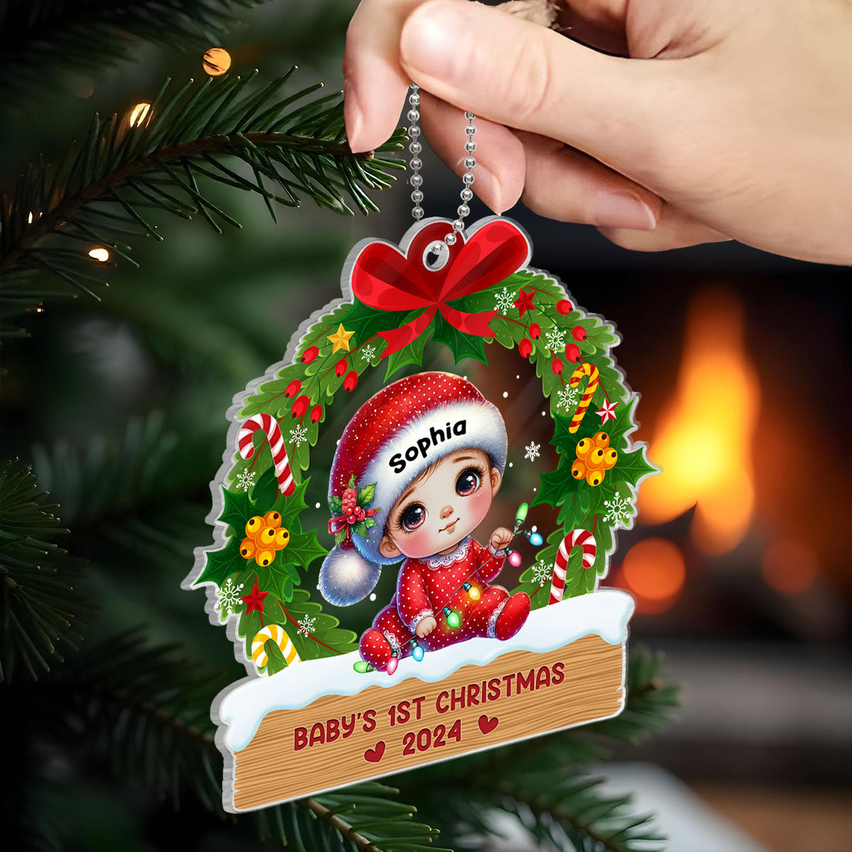 Baby's First Christmas Wreath Personalized Acrylic Ornament, Baby's First Christmas Keepsake for New Mom New Dad