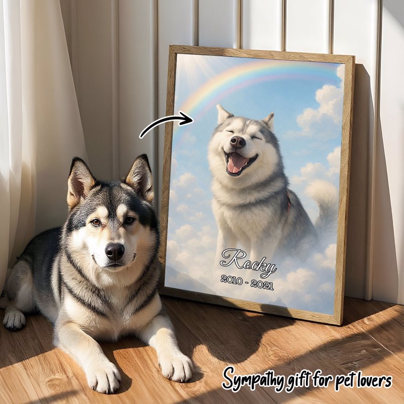 Custom Memorial Pet Portrait For Bereavement Gift Personalized Poster, Rainbow Bridge Artwork, Sympathy Gift for Dog Cat Lovers