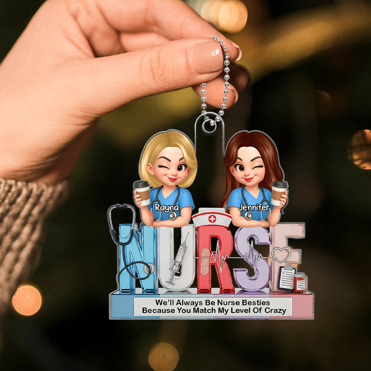 Personalized 3D Effect Nurse Besties Medical Icons Personalized Acrylic Ornament