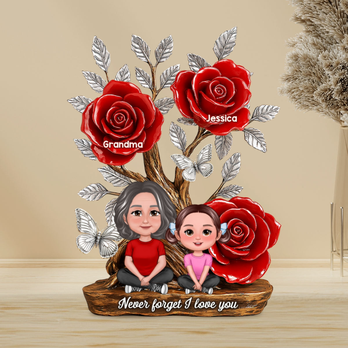 Mom Grandma & Kids Sitting Under Tree With Roses Personalized Acrylic Block Plaque