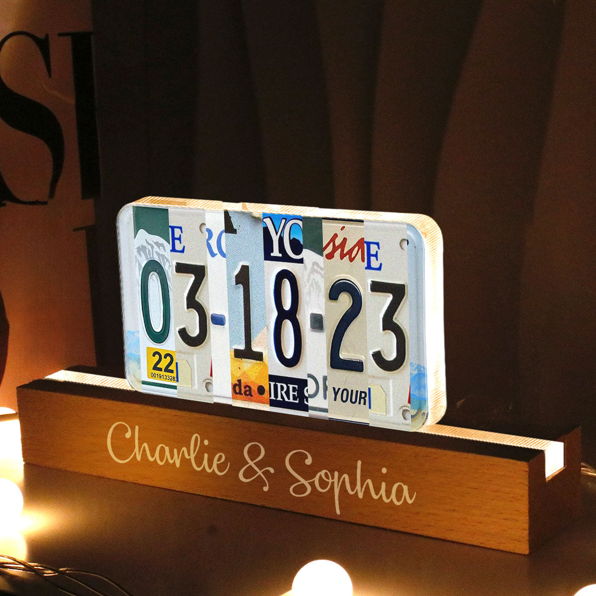 Couple License Plate Personalized Acrylic Block LED Night Light, Anniversary Date, Wedding Date, Valentines Day Gift for Couples, for Him, for Her