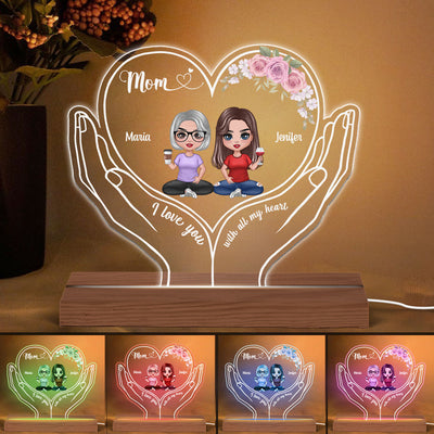 Mom I Love You Doll Mother Daughter Heart On Hands Personalized Custom Shaped Acrylic Plaque With LED Night Light
