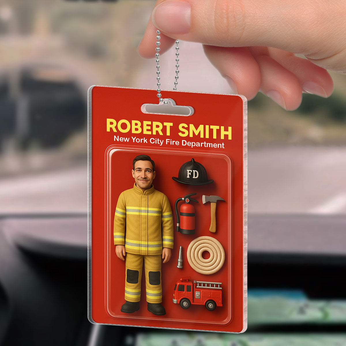 3D Effect Firefighter Custom Figure Personalized Flat Acrylic Car Hanger